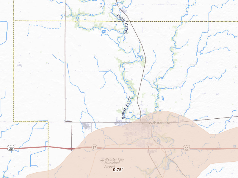 Radar-estimated hail-size map of the storm over Webster City, IA on May 15, 2026