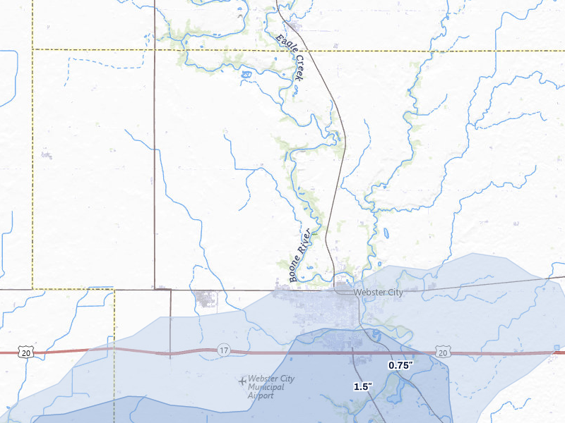 NEXRAD radar-signature map of the hail storm over Webster City, IA on May 15, 2026