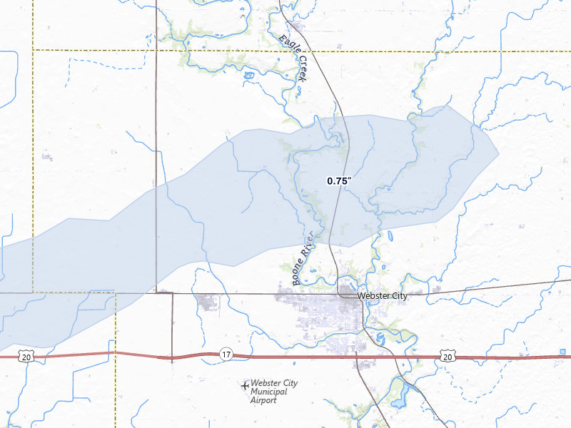 NEXRAD radar-signature map of the hail storm over Webster City, IA on Jun 28, 2026