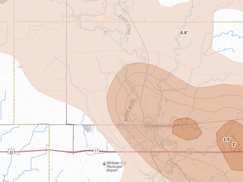 Radar-estimated hail-size map of the storm over Webster City, IA on Jul 20, 2026