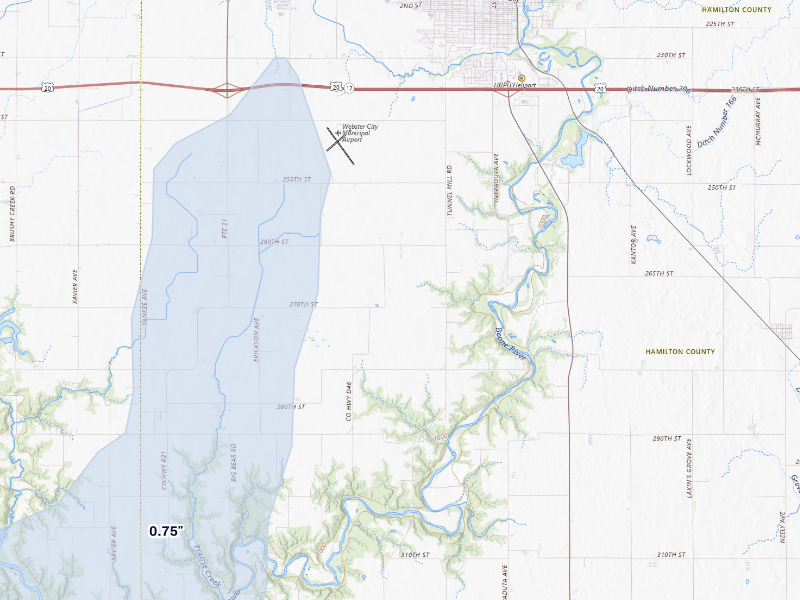 NEXRAD radar-signature map of the hail storm over Webster City, IA on Aug 12, 2026