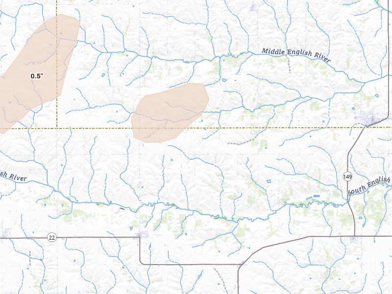 Radar-estimated hail-size map of the storm over Webster, IA on Jun 16, 2026