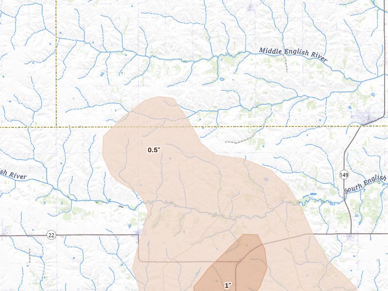 Radar-estimated hail-size map of the storm over Webster, IA on Jul 20, 2026