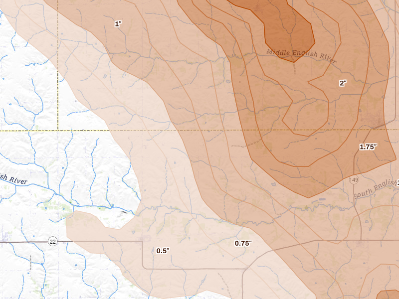 Radar-estimated hail-size map of the storm over Webster, IA on Aug 7, 2026