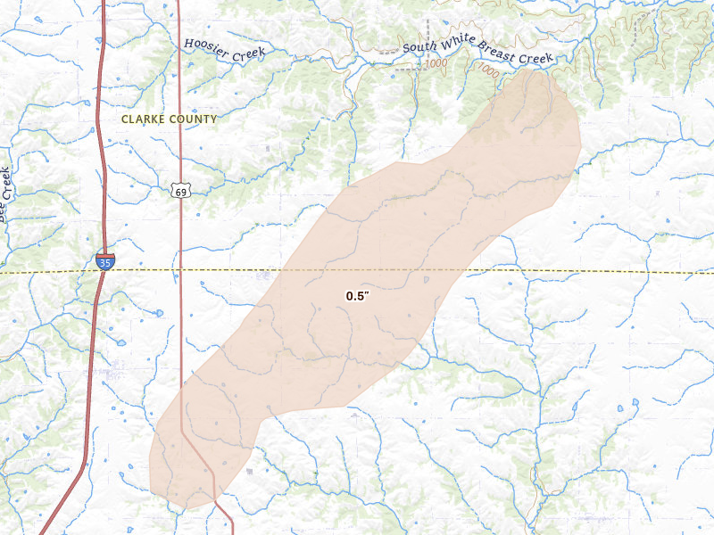 Radar-estimated hail-size map of the storm over Weldon, IA on Apr 17, 2026