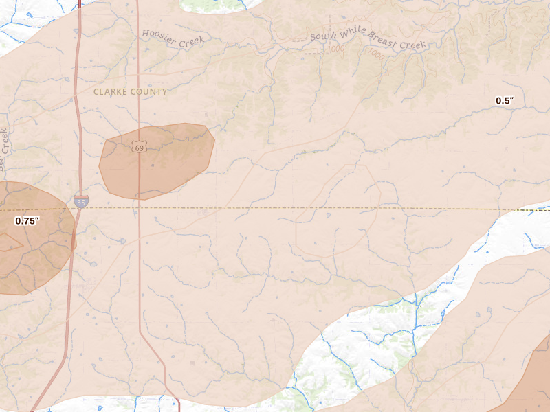 Radar-estimated hail-size map of the storm over Weldon, IA on Jun 10, 2026