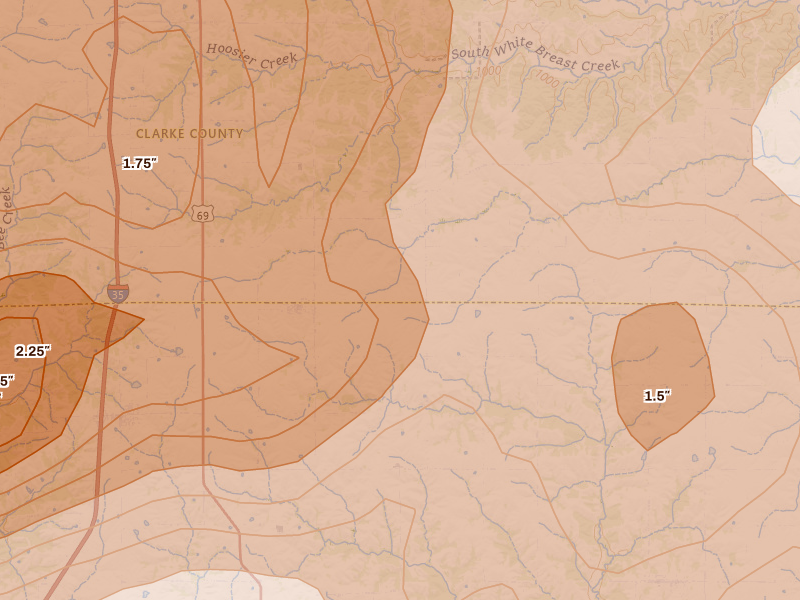 Radar-estimated hail-size map of the storm over Weldon, IA on Jun 11, 2026