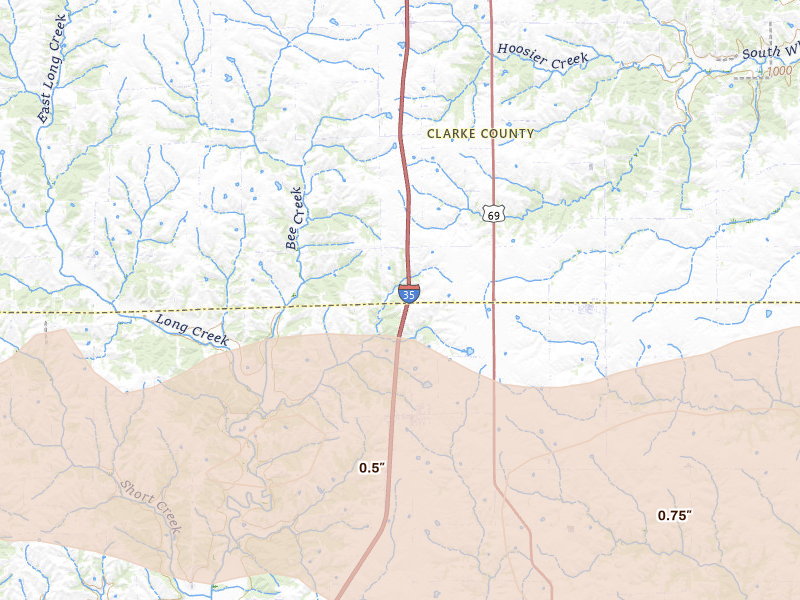 Radar-estimated hail-size map of the storm over Weldon, IA on Aug 4, 2026