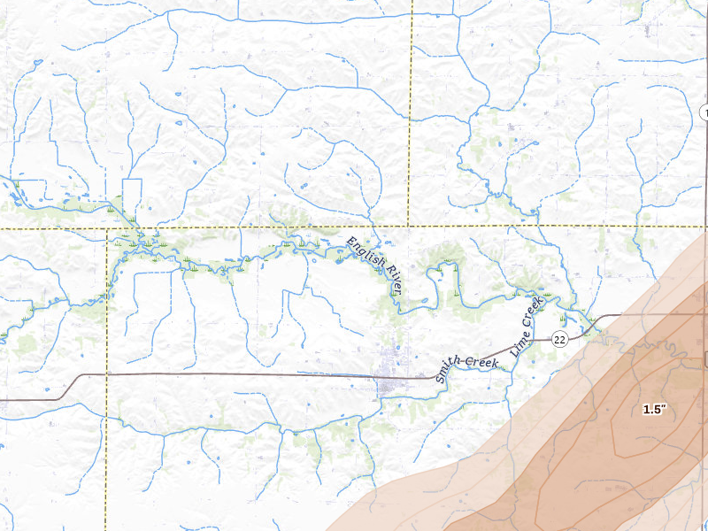 Radar-estimated hail-size map of the storm over Wellman, IA on Apr 2, 2026