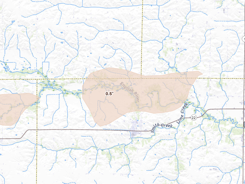 Radar-estimated hail-size map of the storm over Wellman, IA on Jun 10, 2026