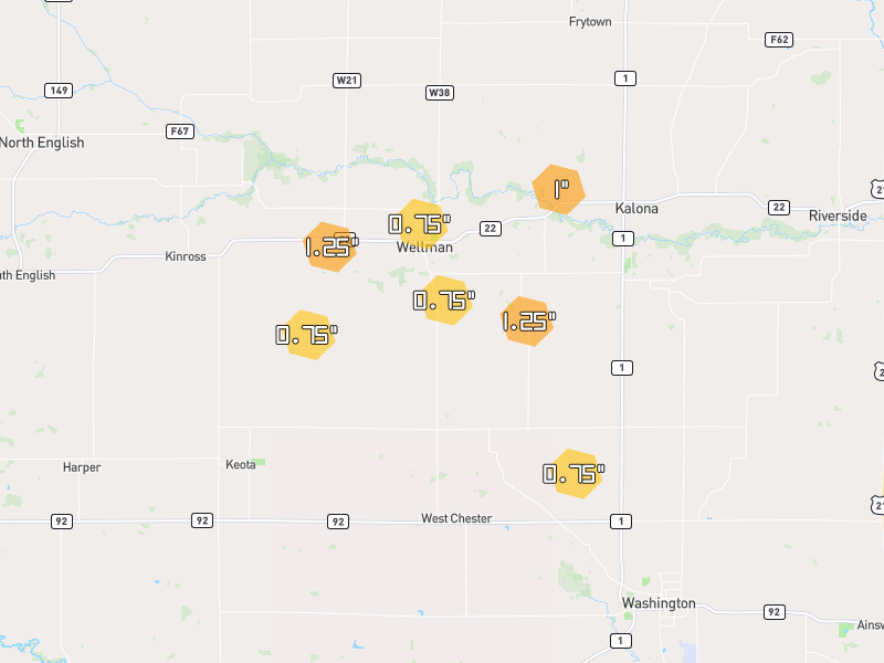 Hail map of Wellman, IA on Jul 4, 2026, hail up to 1.25"
