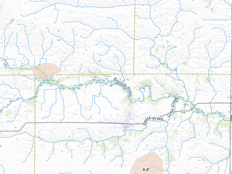 Radar-estimated hail-size map of the storm over Wellman, IA on Jul 10, 2026