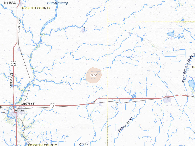 Radar-estimated hail-size map of the storm over Wesley, IA on Apr 27, 2026