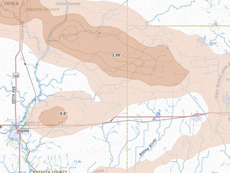 Radar-estimated hail-size map of the storm over Wesley, IA on May 15, 2026