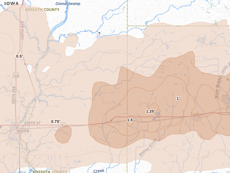 Radar-estimated hail-size map of the storm over Wesley, IA on Jun 28, 2026