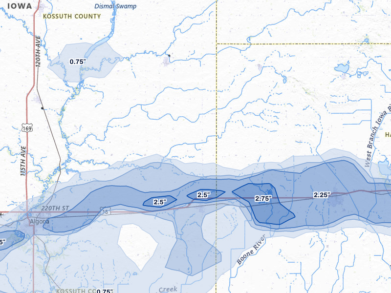 NEXRAD radar-signature map of the hail storm over Wesley, IA on Jun 28, 2026