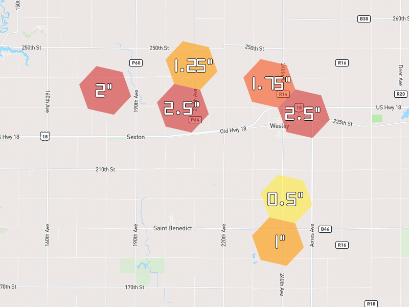 Hail map of Wesley, IA on Jun 28, 2026, hail up to 2.5"