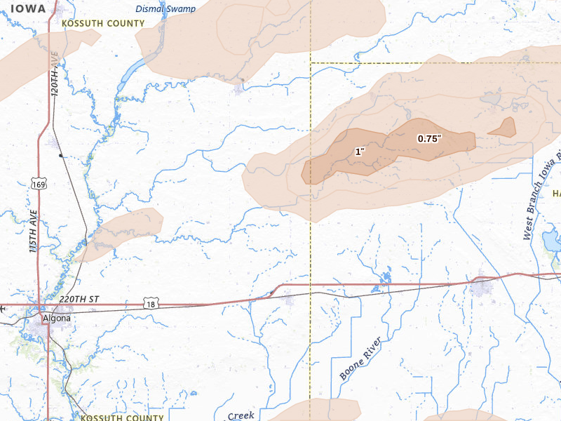 Radar-estimated hail-size map of the storm over Wesley, IA on Jul 2, 2026