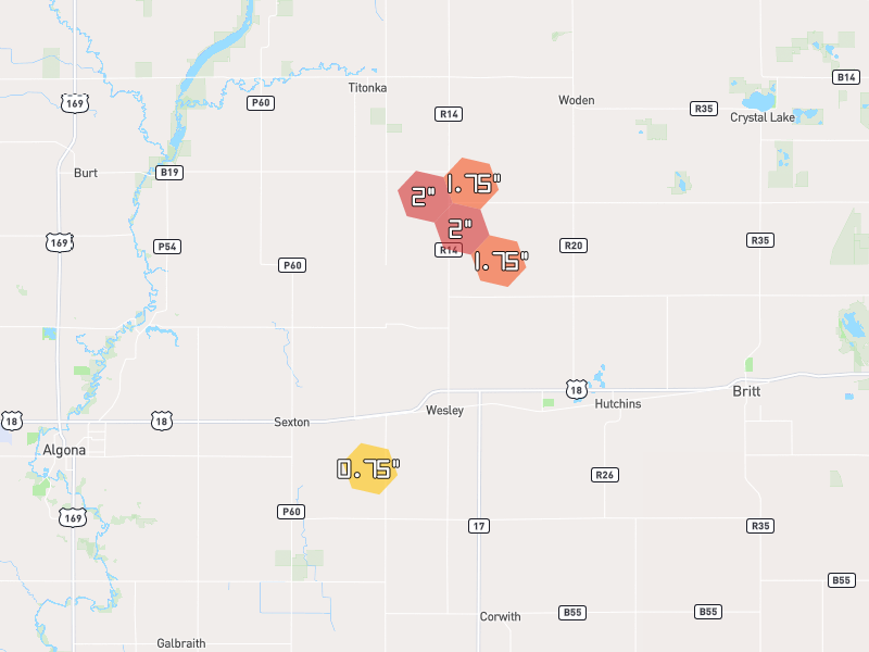Hail map of Wesley, IA on Jul 2, 2026, hail up to 2"