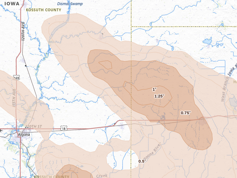 Radar-estimated hail-size map of the storm over Wesley, IA on Jul 20, 2026