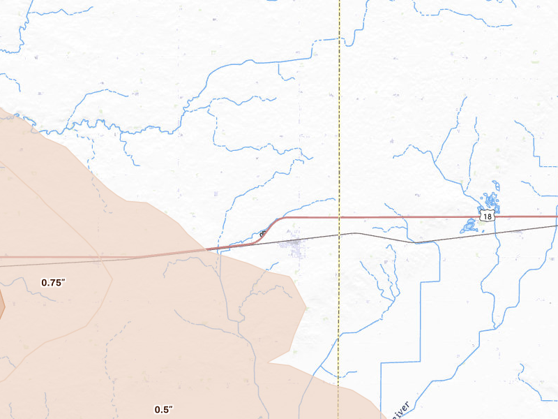 Radar-estimated hail-size map of the storm over Wesley, IA on Aug 8, 2026