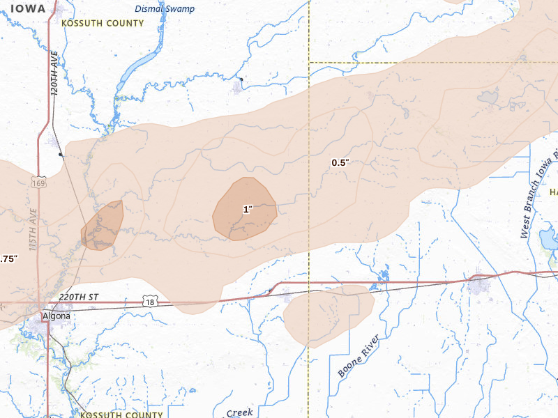 Radar-estimated hail-size map of the storm over Wesley, IA on Sep 1, 2026