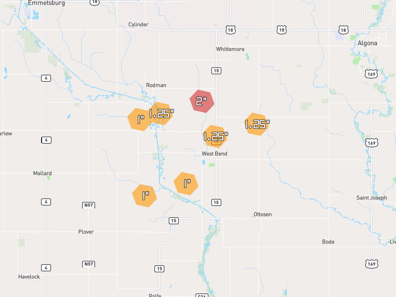 Hail map of West Bend, IA on Jun 28, 2026, hail up to 2"