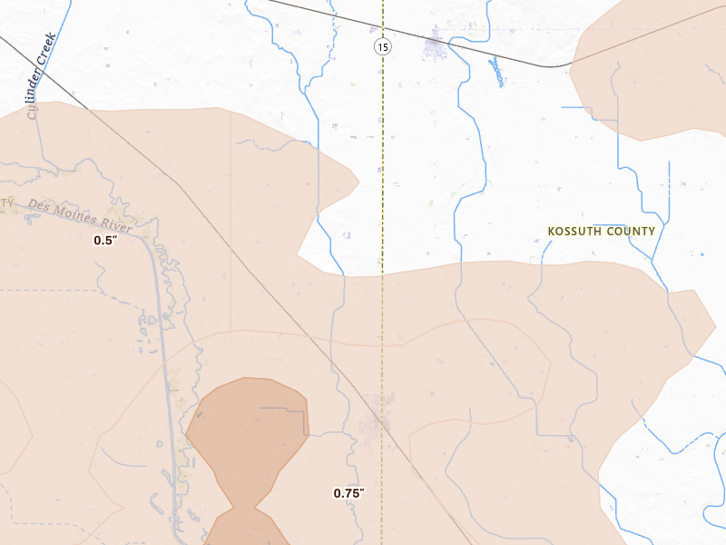 Radar-estimated hail-size map of the storm over West Bend, IA on Aug 8, 2026