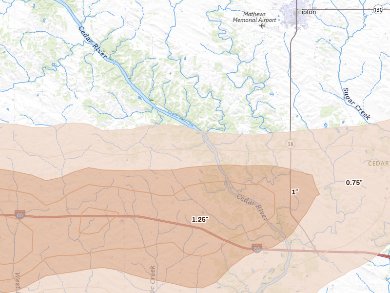 Radar-estimated hail-size map of the storm over West Branch, IA on Mar 10, 2026