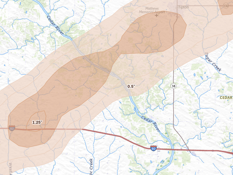 Radar-estimated hail-size map of the storm over West Branch, IA on Apr 2, 2026