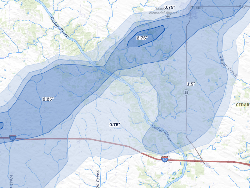 NEXRAD radar-signature map of the hail over West Branch, IA