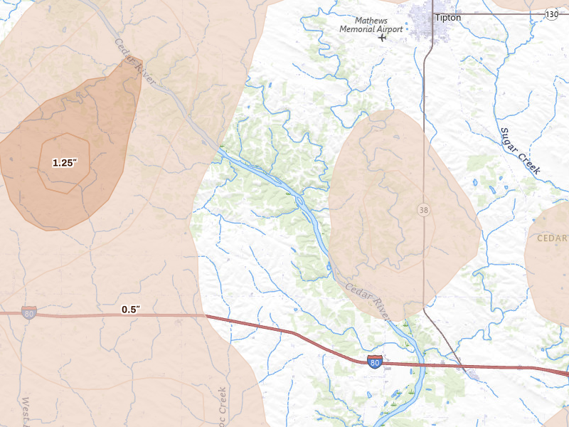 Radar-estimated hail-size map of the storm over West Branch, IA on Jul 3, 2026