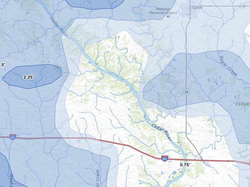 NEXRAD radar-signature map of the hail storm over West Branch, IA on Jul 3, 2026