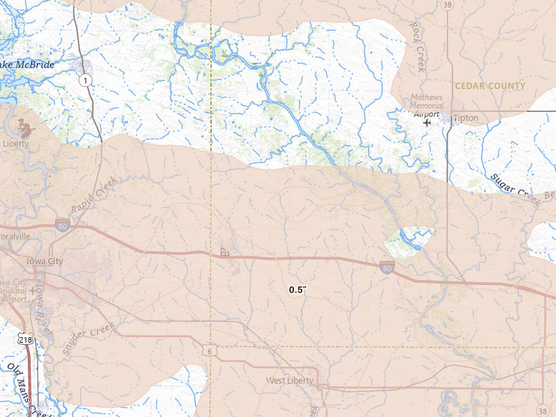 Radar-estimated hail-size map of the storm over West Branch, IA on Aug 11, 2026