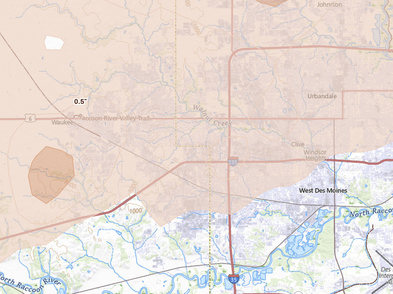 Radar-estimated hail-size map of the storm over West Des Moines, IA on Mar 30, 2026