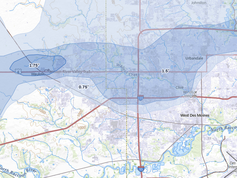 NEXRAD radar-signature map of the hail storm over West Des Moines, IA on Mar 30, 2026