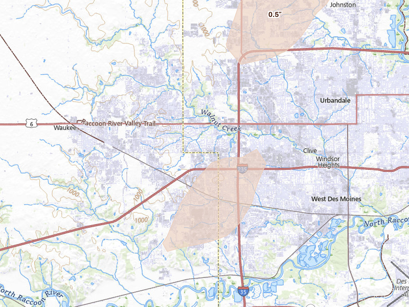Radar-estimated hail-size map of the storm over West Des Moines, IA
