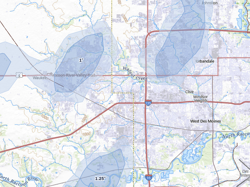 NEXRAD radar-signature map of the hail over West Des Moines, IA