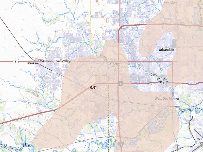 Radar-estimated hail-size map of the storm over West Des Moines, IA on May 18, 2026
