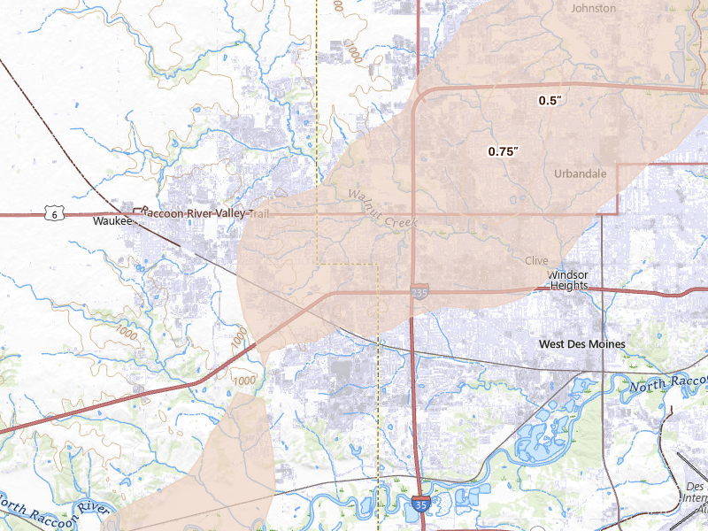 Radar-estimated hail-size map of the storm over West Des Moines, IA on Jun 11, 2026