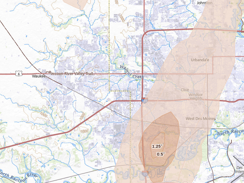 Radar-estimated hail-size map of the storm over West Des Moines, IA on Jul 2, 2026