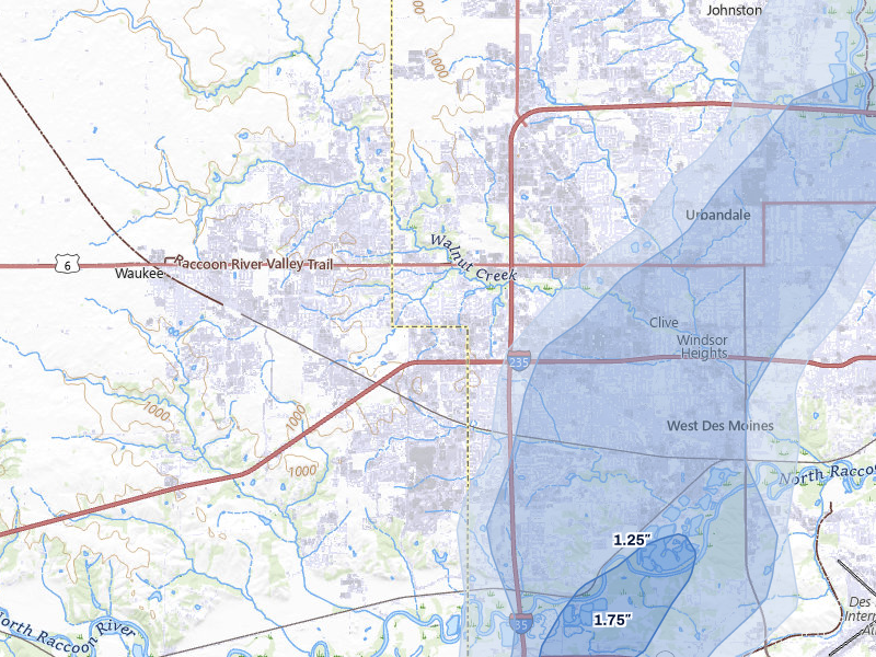 NEXRAD radar-signature map of the hail over West Des Moines, IA