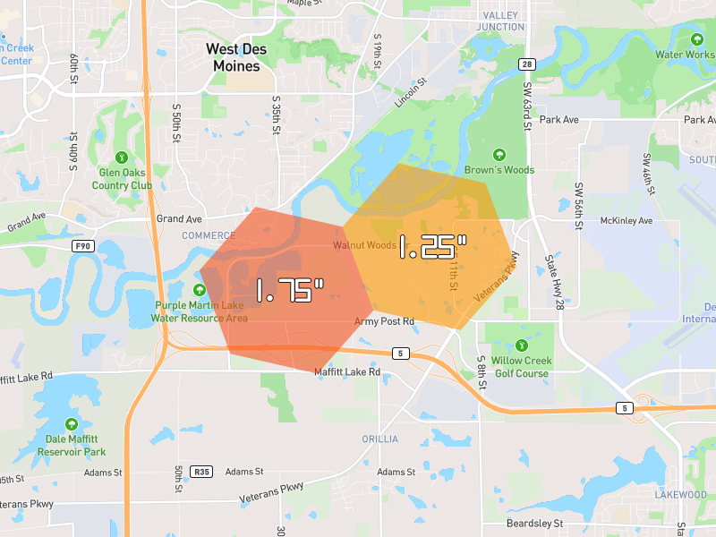 Hail map of West Des Moines, IA on Jul 2, 2026, hail up to 1.75"