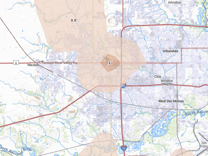 Radar-estimated hail-size map of the storm over West Des Moines, IA on Jul 3, 2026