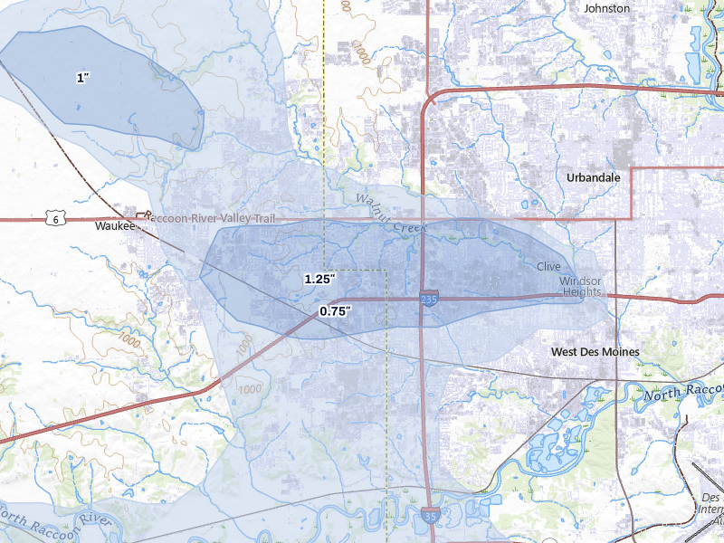 NEXRAD radar-signature map of the hail over West Des Moines, IA