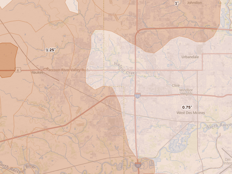 Radar-estimated hail-size map of the storm over West Des Moines, IA