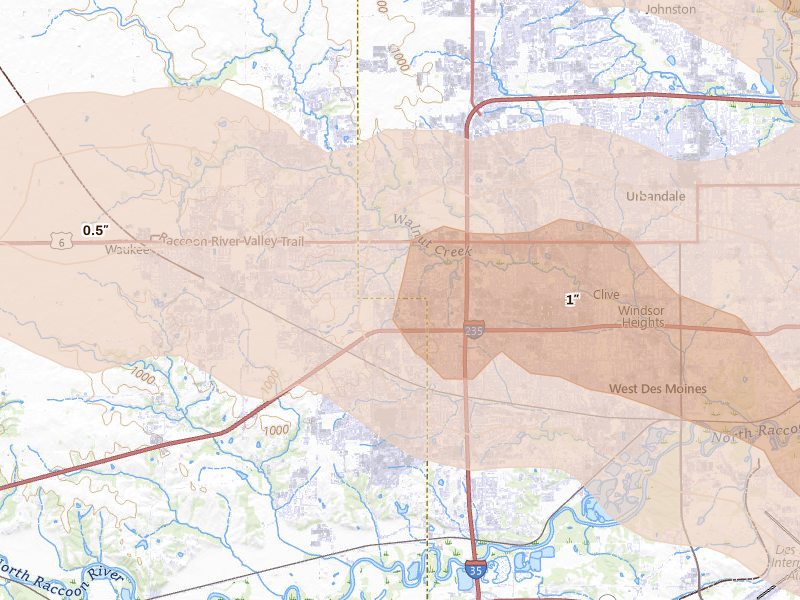 Radar-estimated hail-size map of the storm over West Des Moines, IA