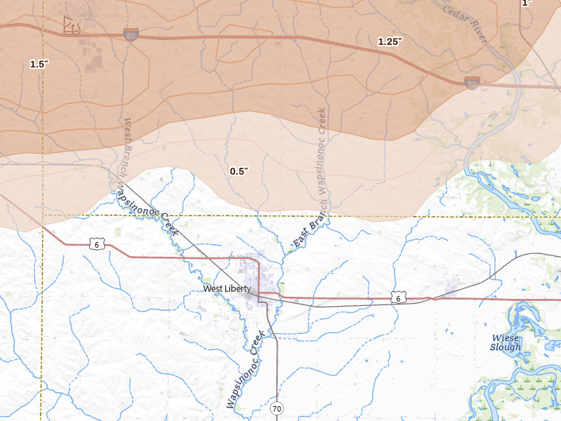 Radar-estimated hail-size map of the storm over West Liberty, IA on Mar 10, 2026