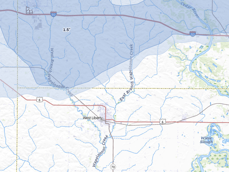 NEXRAD radar-signature map of the hail storm over West Liberty, IA on Mar 30, 2026