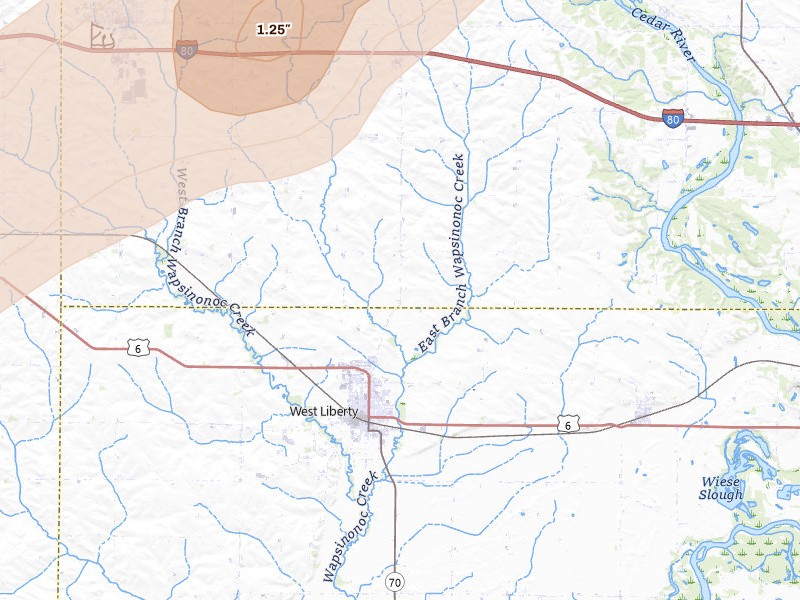 Radar-estimated hail-size map of the storm over West Liberty, IA on Apr 2, 2026